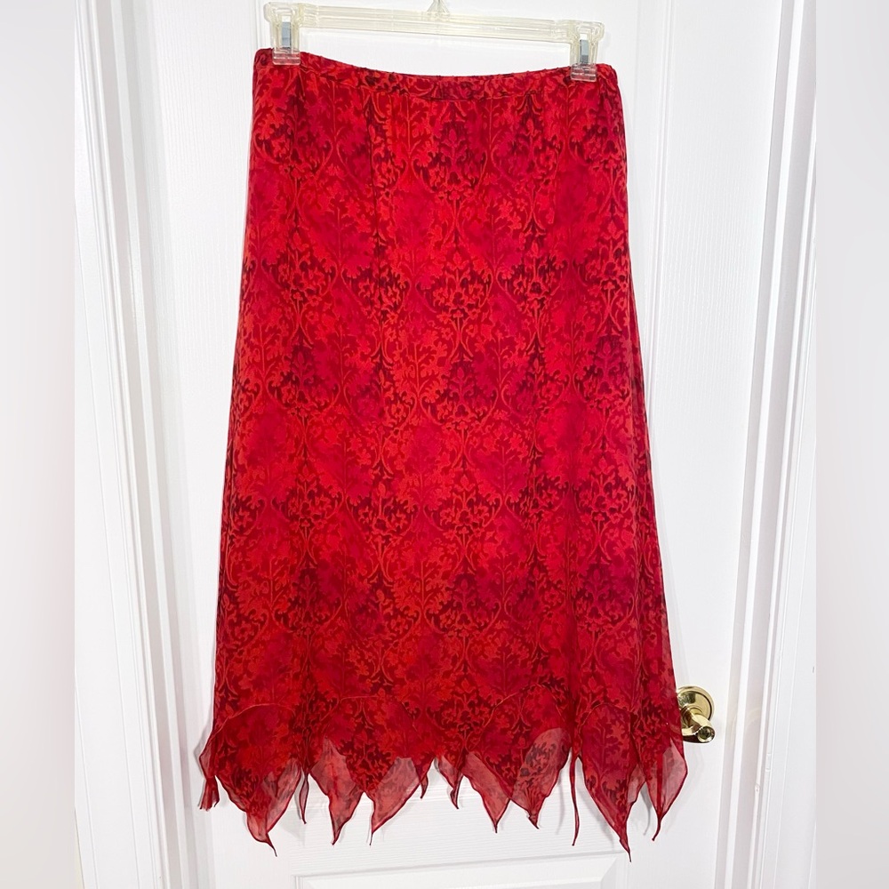 VTG Chico's SILK Patterned Pixie Hemline Long Skirt Red Chico’s 2 / US 12